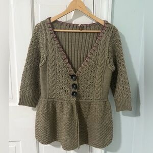 Free People Boho Knit Cardigan Sweater | S/M | Cottagecore | Wool Blend | Green